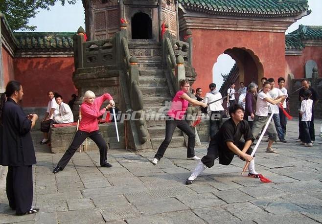 Tourists Play Kung Fu at Wudang Mountains Hubei